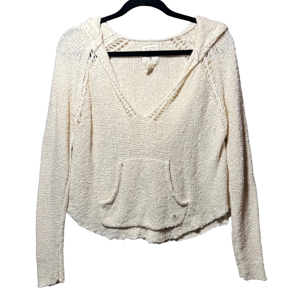 Billabong Womens Cream Knit Hooded Sweater V-Neck Cropped Pullover M Hoodie